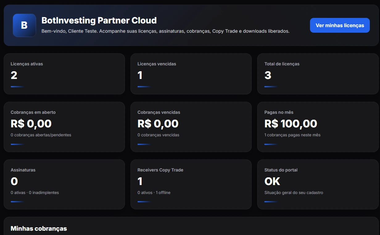 Portal do cliente final no BotInvesting Partner Cloud